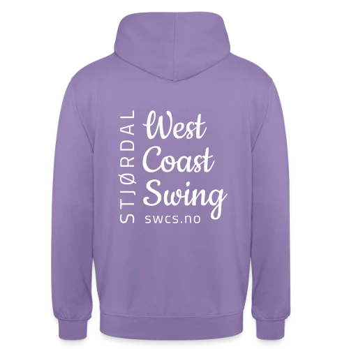Deilig, varm og koselig hettegenser i fargen lilla med Stjørdal West Coast Swing logo bak