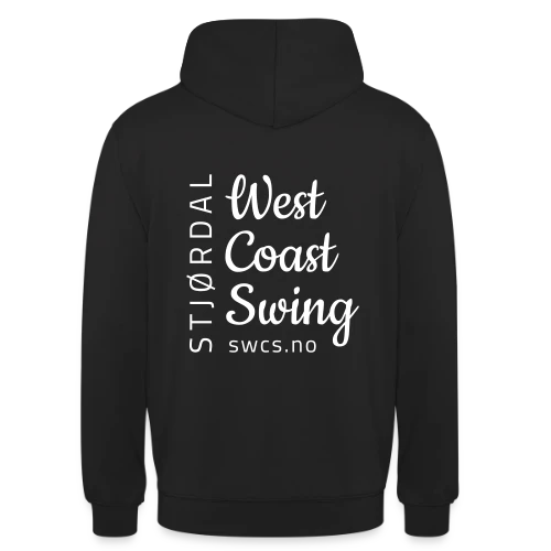 Deilig, varm og koselig hettegenser i fargen svart med Stjørdal West Coast Swing logo bak